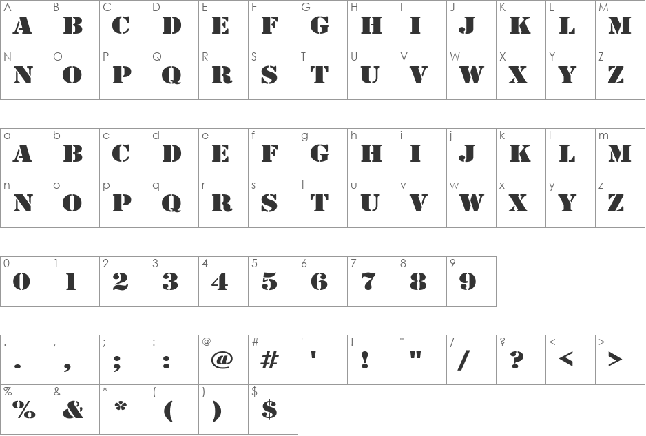 Army Wide font character map preview