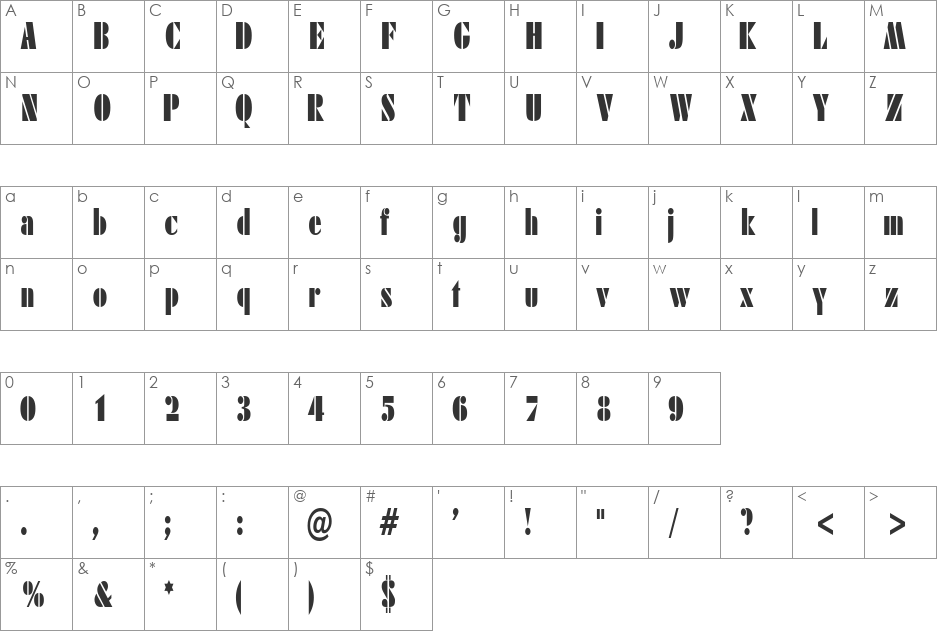 ArmyBlackCondensed font character map preview