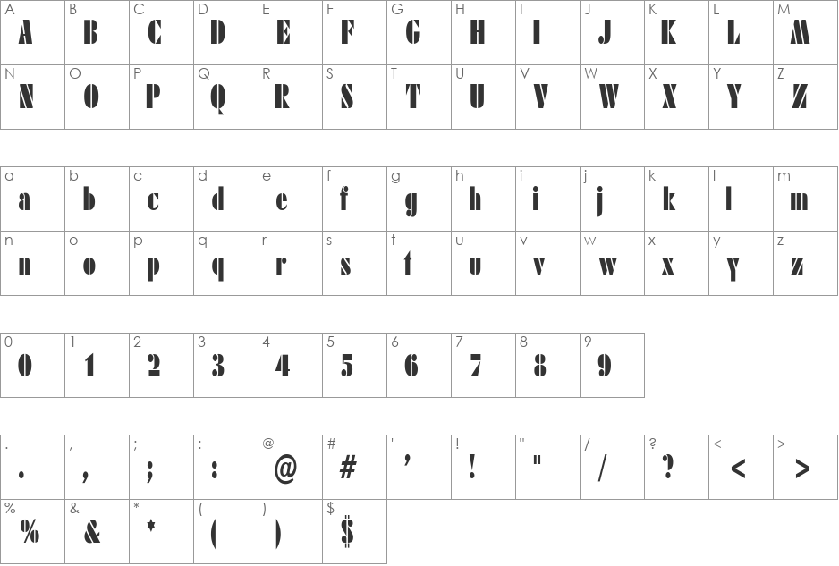 ArmyBlackCondensed-Plain font character map preview