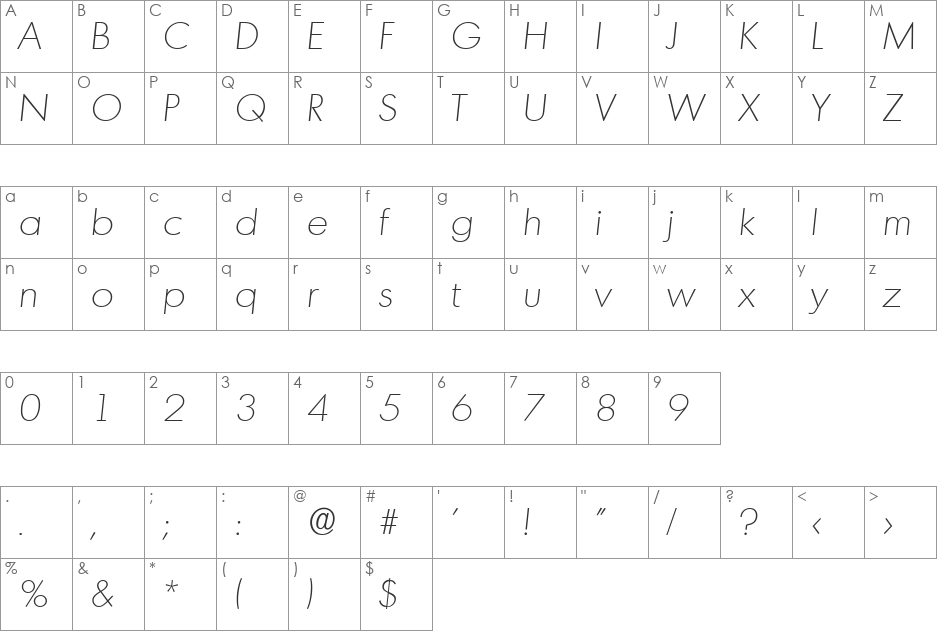 IvanBecker-ExtraLight font character map preview