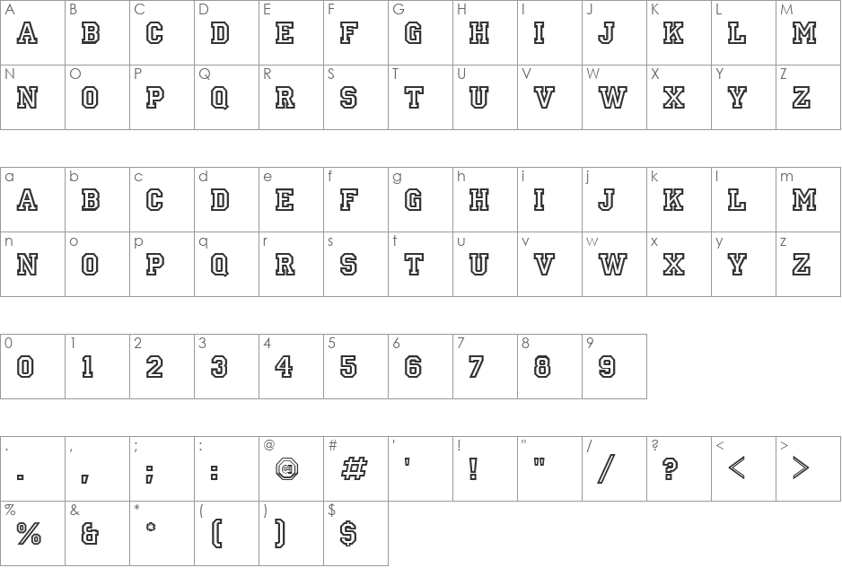 Ivy League Outline font character map preview