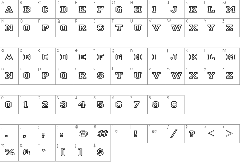 IvyLeagueExtendedOutline font character map preview