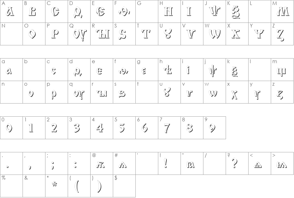 IzhitsaShadowC font character map preview