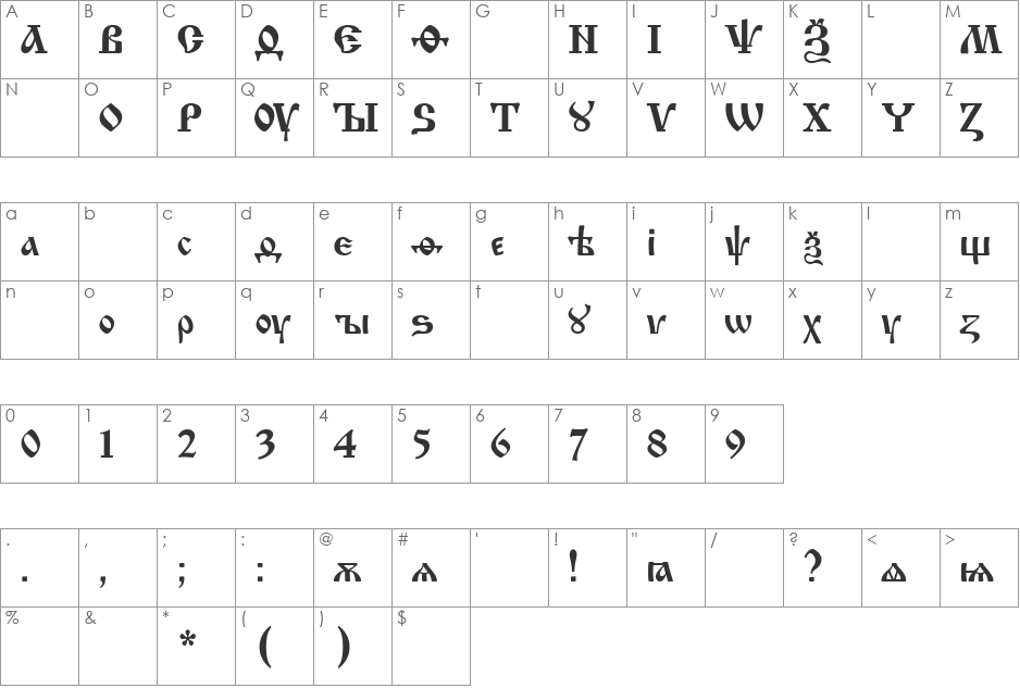 Izhitza font character map preview