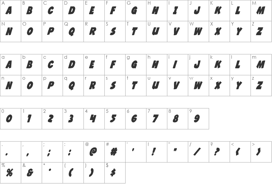 Jack's Candlestick Rotalic font character map preview