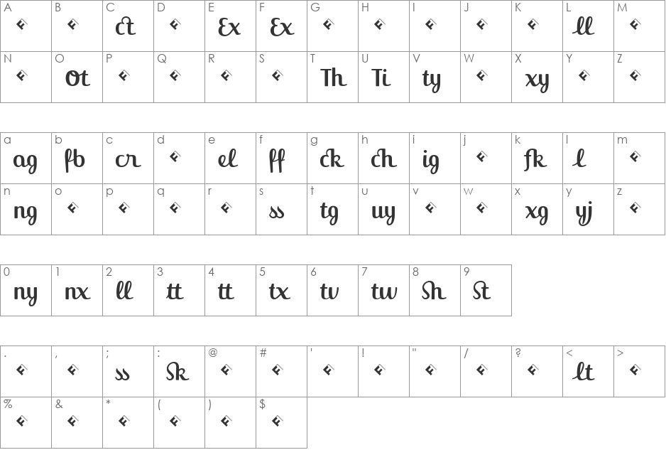 JackieLigatures font character map preview