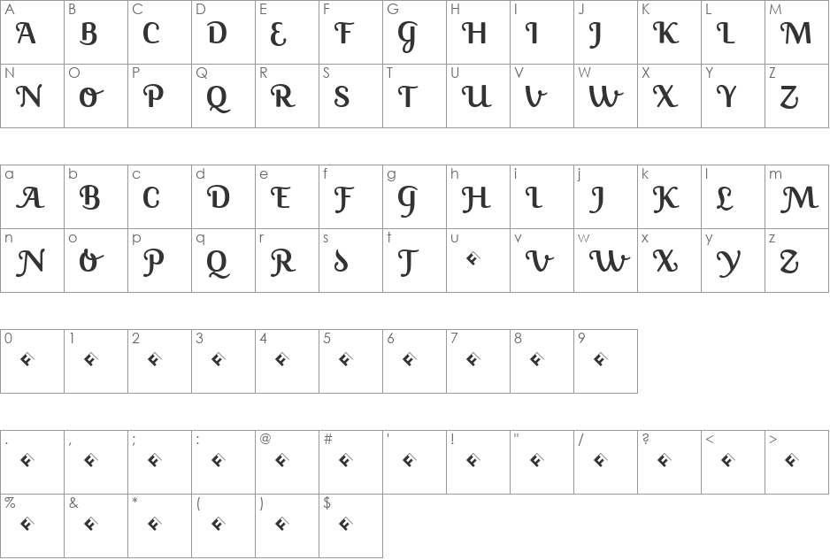 JackieSwashBold font character map preview