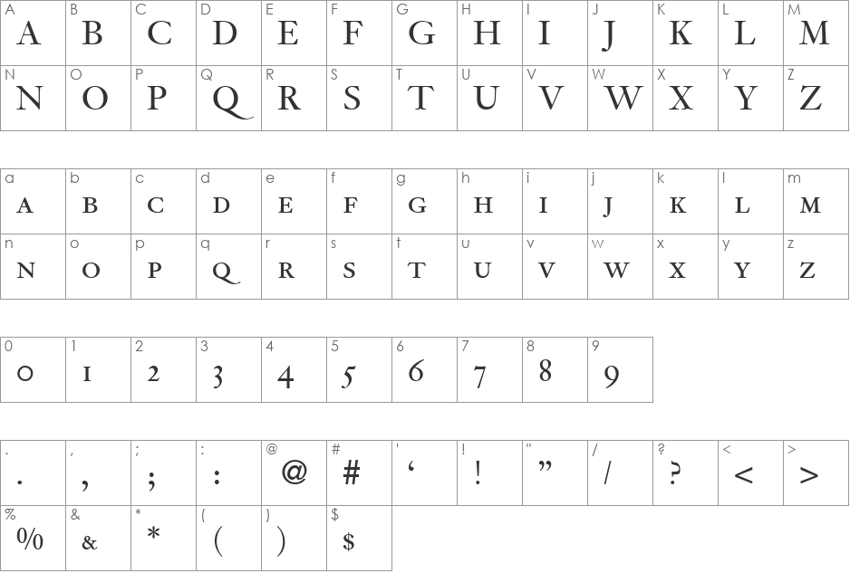 JacobiteSmc DB font character map preview