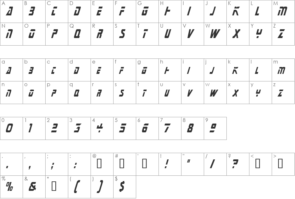 JadeCondensed font character map preview