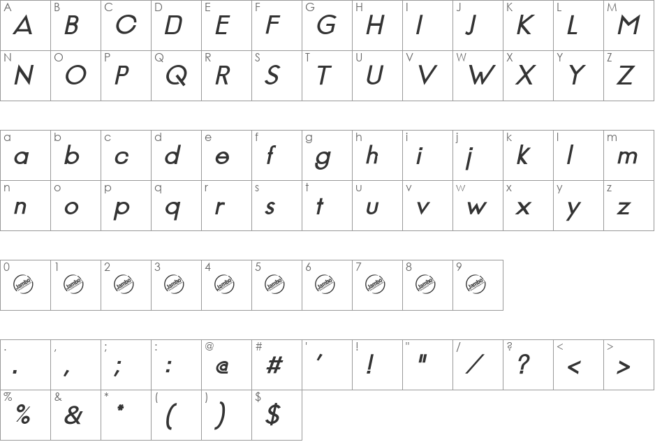 Jambetica font character map preview