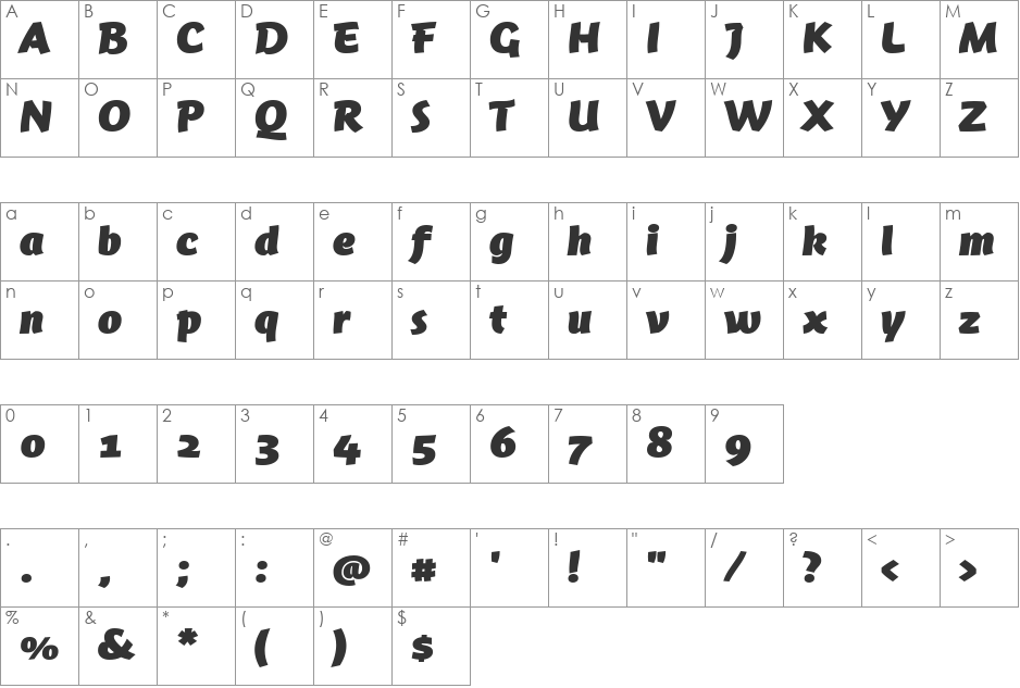 Jambono Black font character map preview