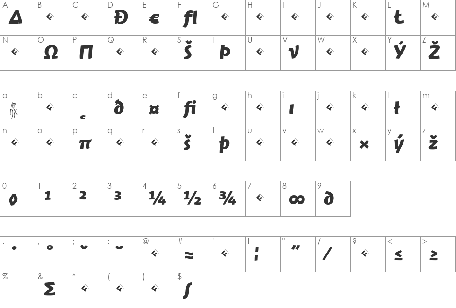 Jambono-BoldExpert font character map preview