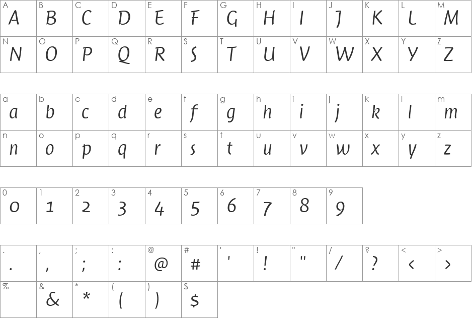 Jambono-Light font character map preview