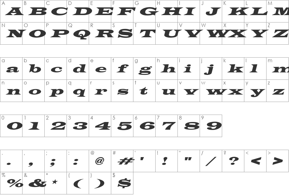 James-WideExtObl-Normal font character map preview