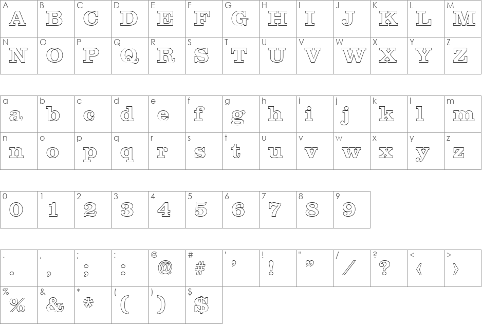 JamesBeckerOutline font character map preview