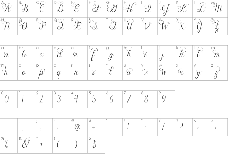 Janda Celebration Script font character map preview