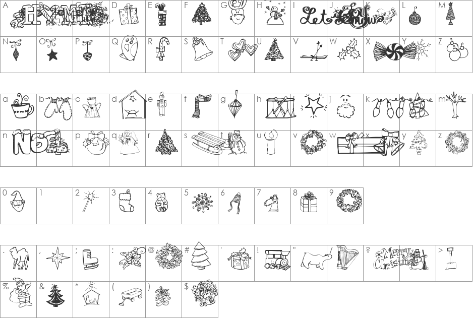 Janda Christmas Doodles font character map preview