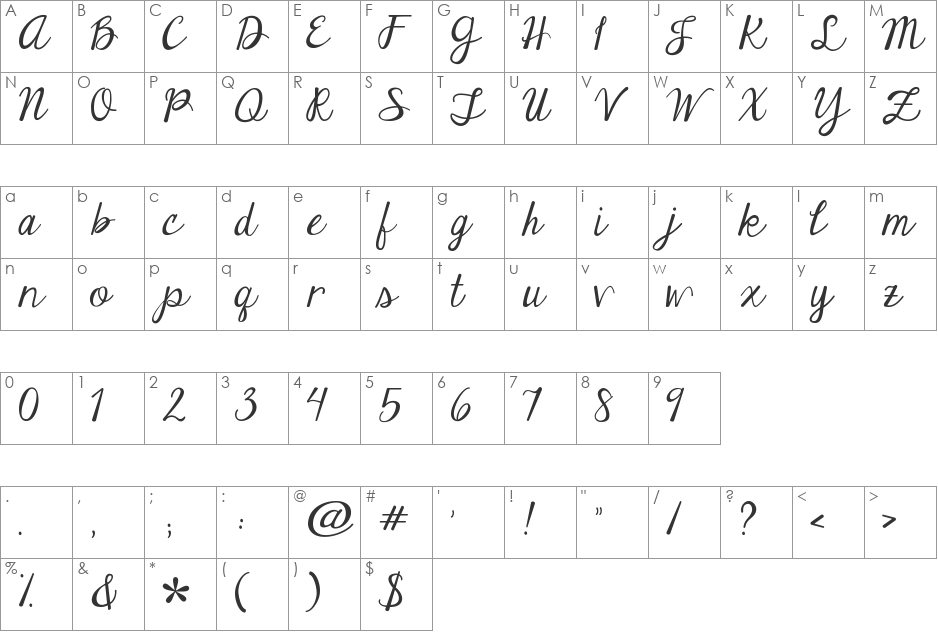 Janda Elegant Handwriting font character map preview