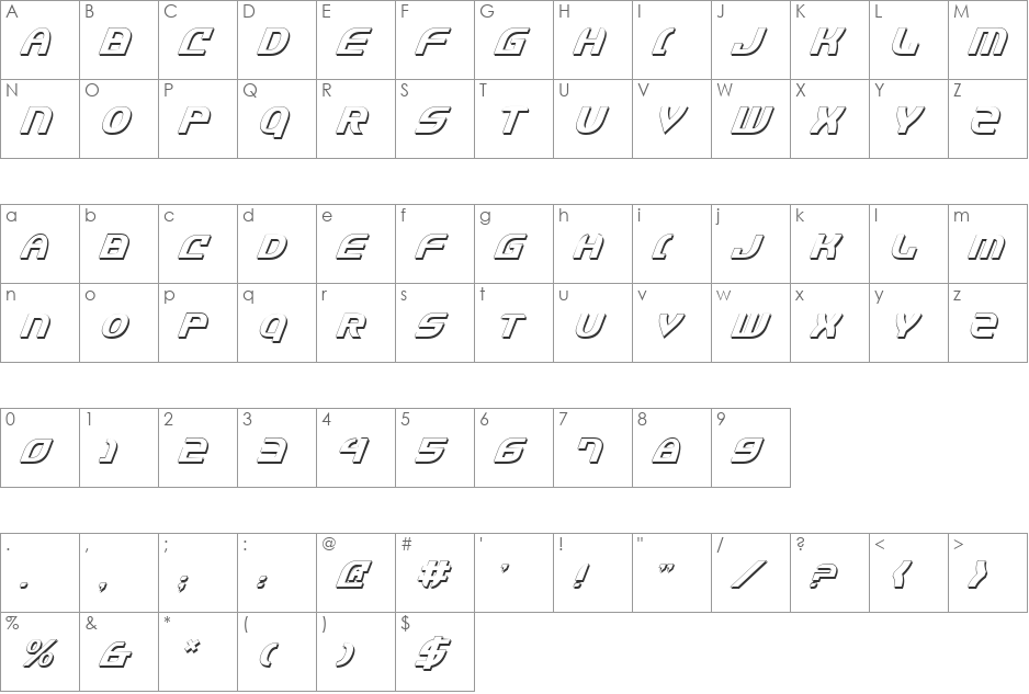 Jannisaries Shadow Italic font character map preview