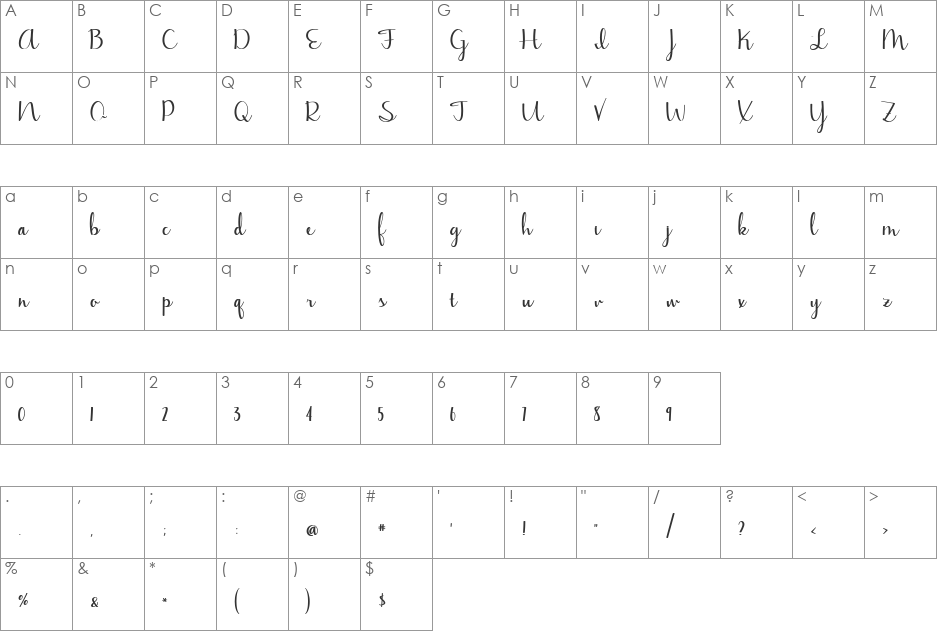 Jasmine Reminiscentse font character map preview