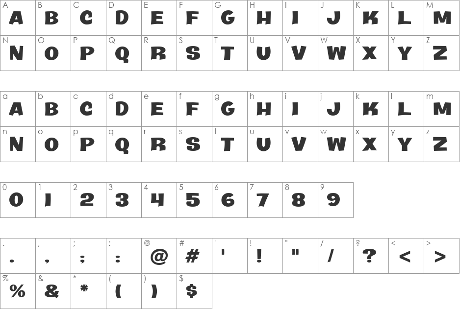 Java Kick BTN Ext font character map preview