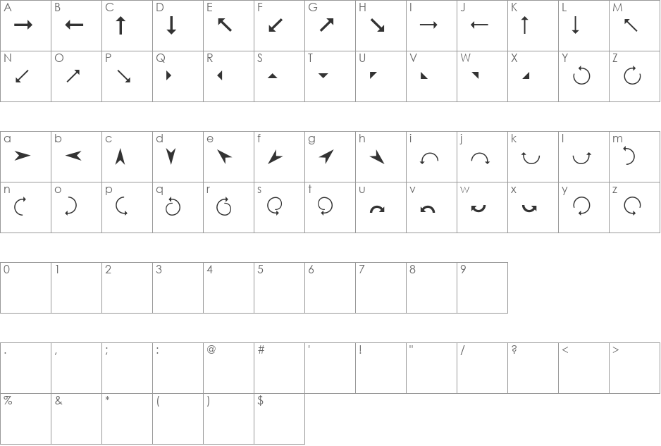Arrows font character map preview