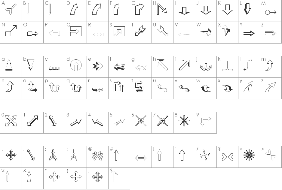 Arrows (outline) font character map preview