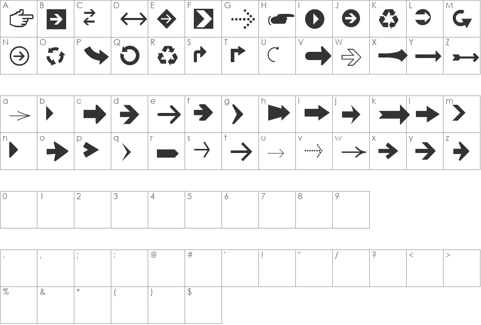 Arrows tfb font character map preview