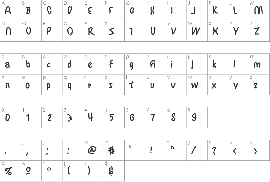 JBMFlimsy font character map preview