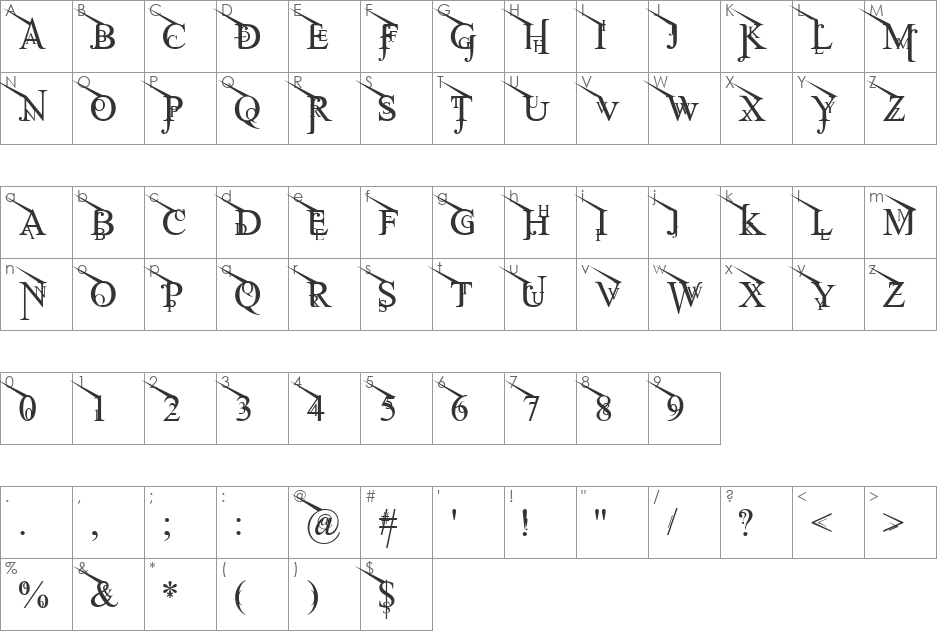 Jean Splice UpLeft font character map preview