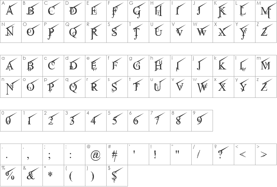 Jean Splice UpRite font character map preview