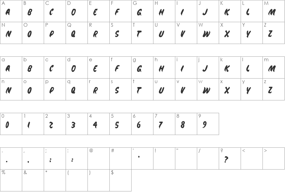 Jeepney Brush font character map preview