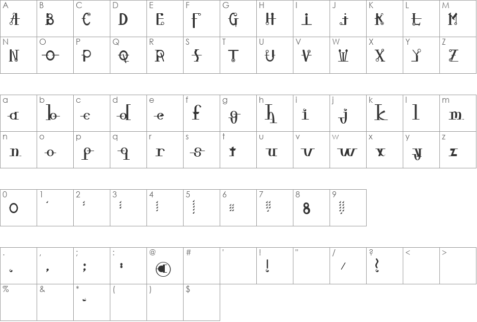 Jefferson's Freed Glovebox font character map preview