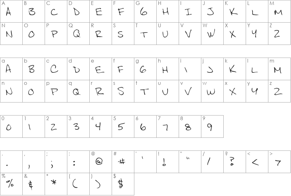 JeffreysHand font character map preview