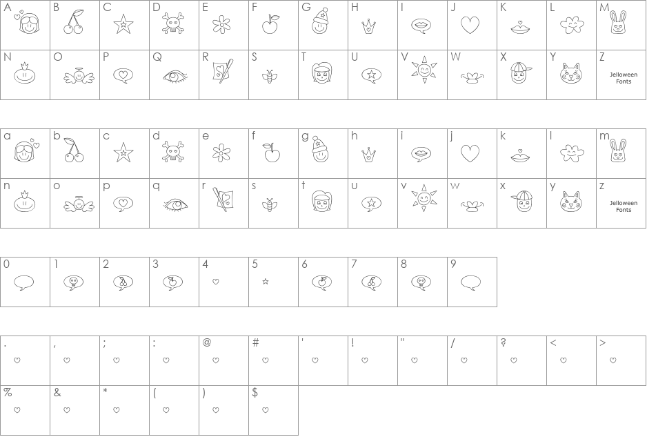 Jellodings font character map preview