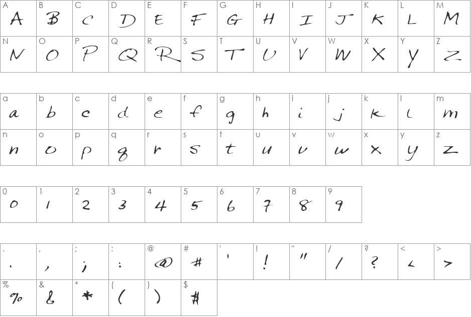 JeremysHand font character map preview