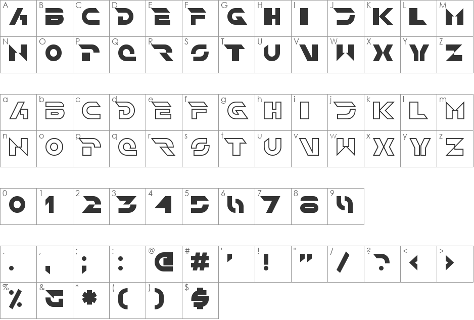 Jet Bradley font character map preview
