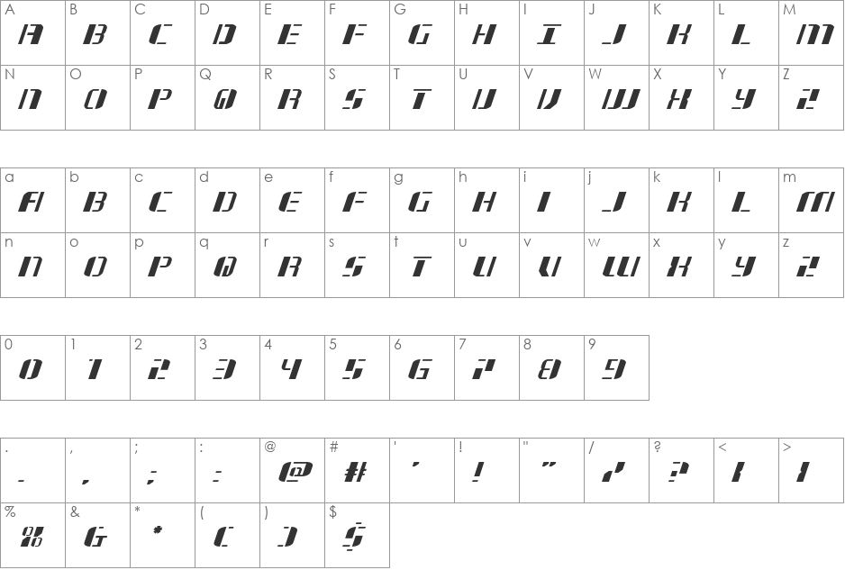 Jetway Expanded Italic font character map preview