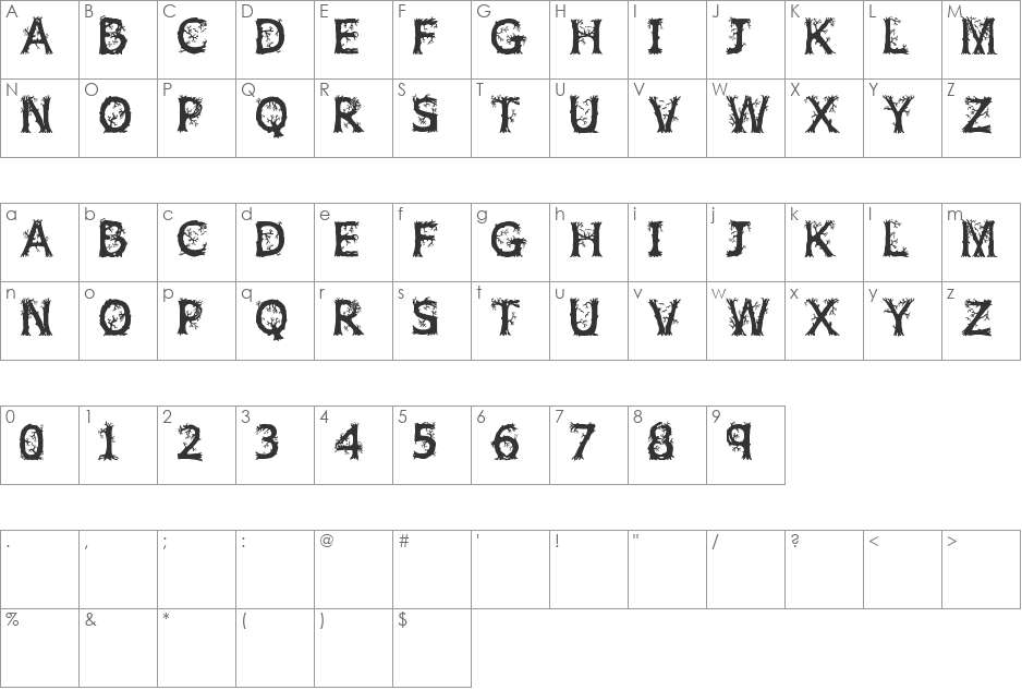 JFWildWood font character map preview