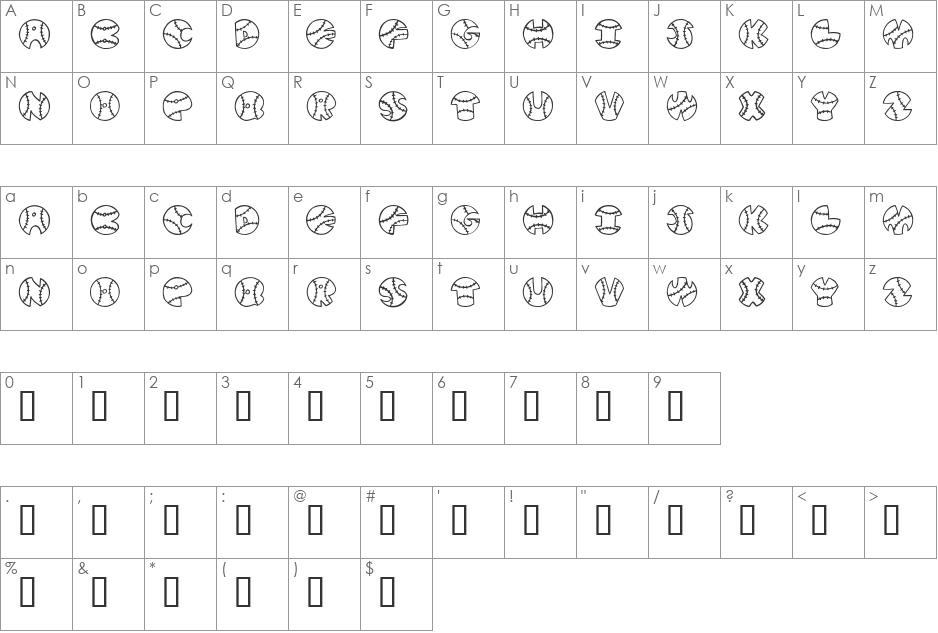 JI Baseball font character map preview