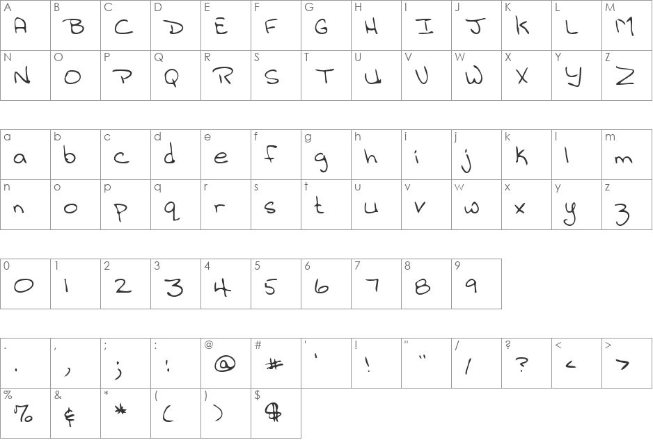 JilliansHand font character map preview