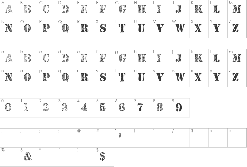 JJStencil font character map preview