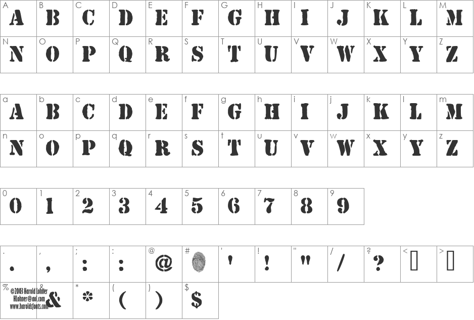 JJStencil Solid font character map preview