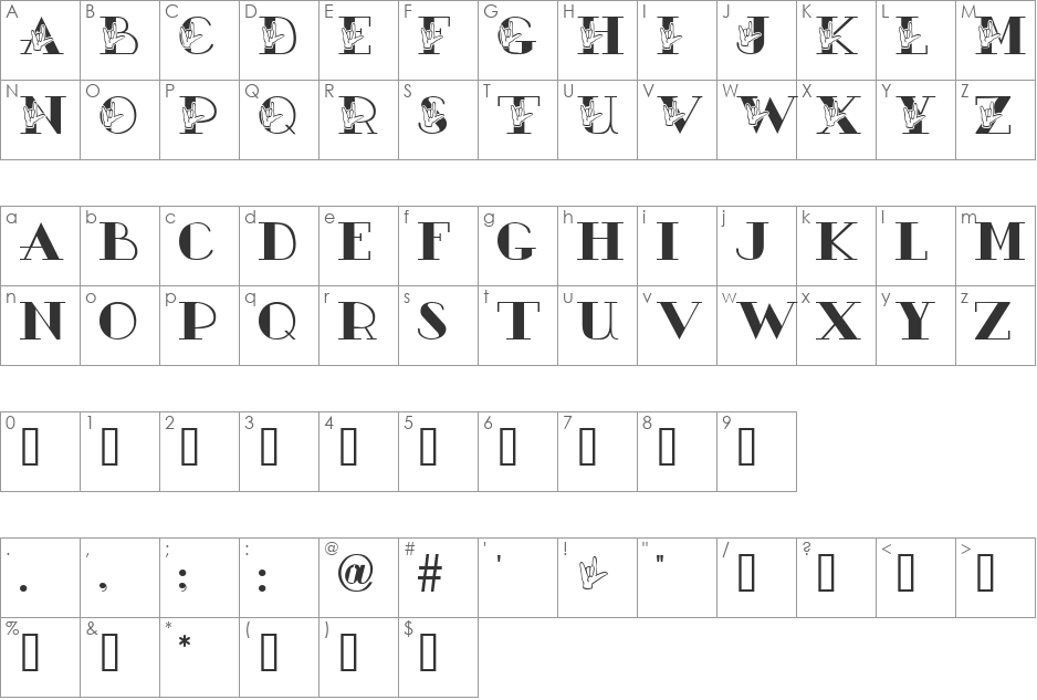 JLR ASL ILY font character map preview