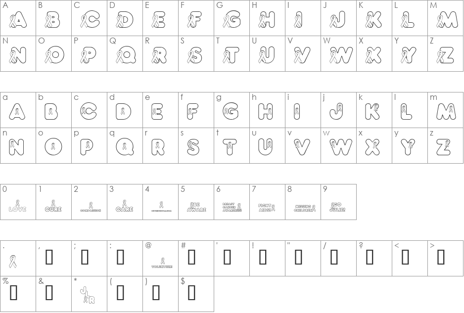 JLR Awareness Ribbons font character map preview