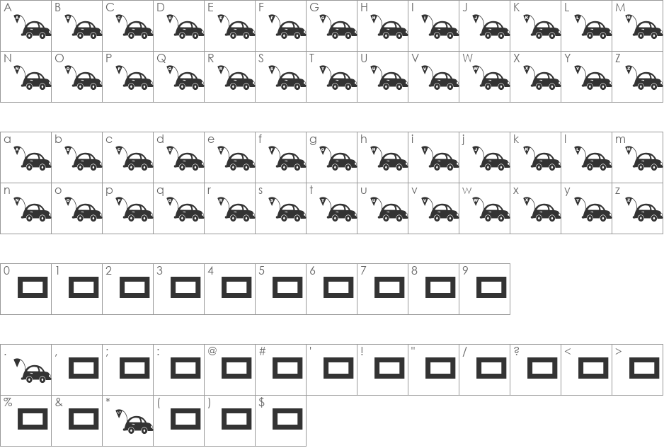 JLR Punch Buggy font character map preview