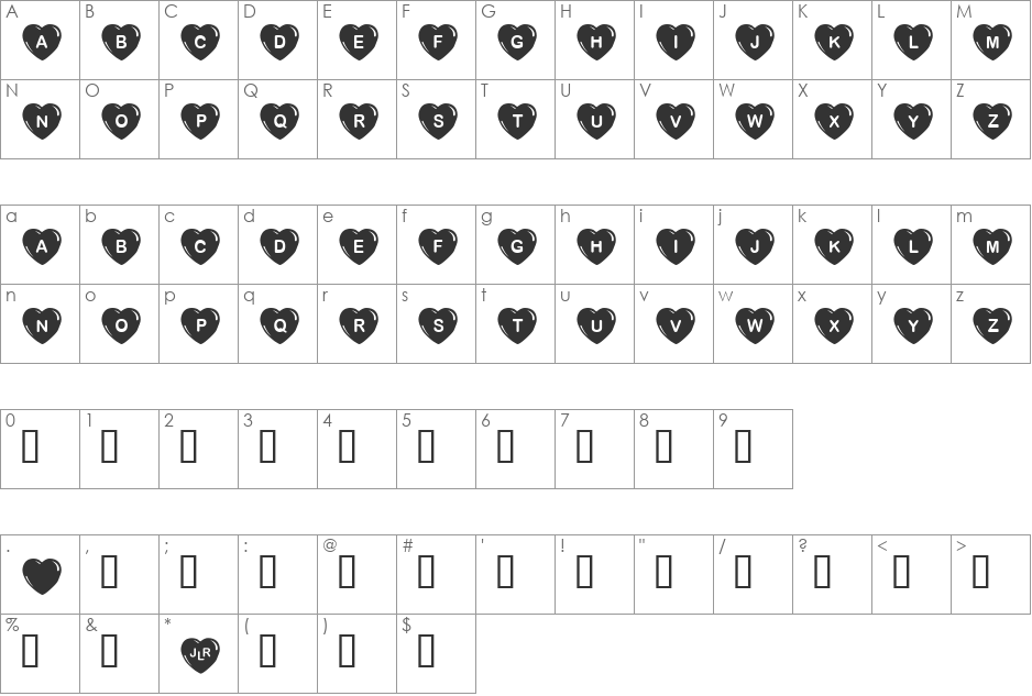 JLR Simple Hearts font character map preview