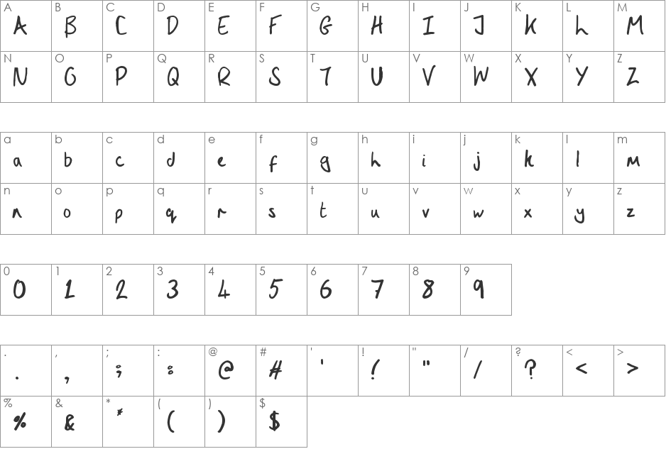 Joe Brooks Hand font character map preview