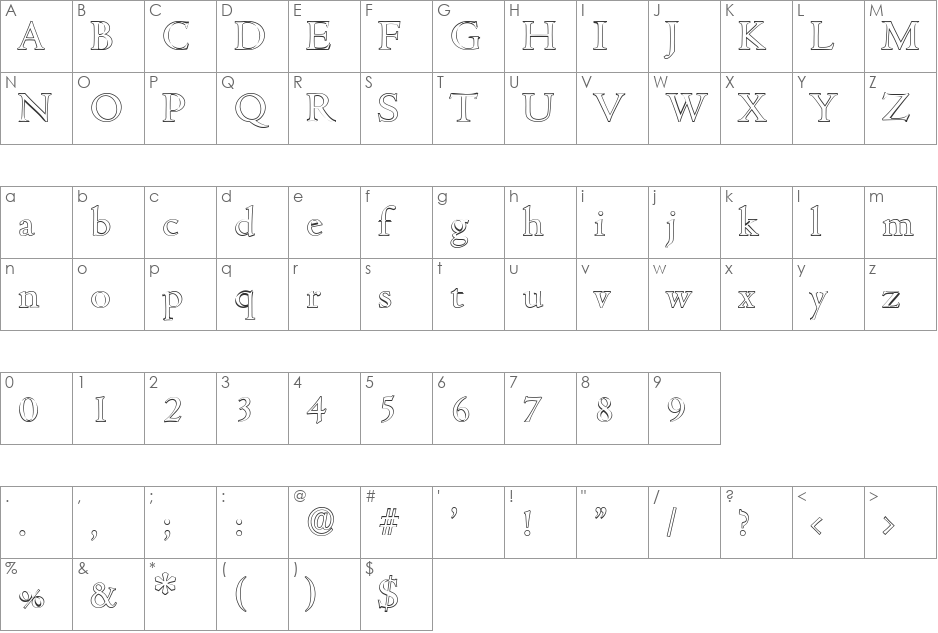 JohnBeckerOutline font character map preview