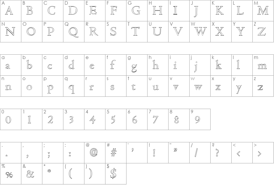 JohnBeckerOutline-Light font character map preview
